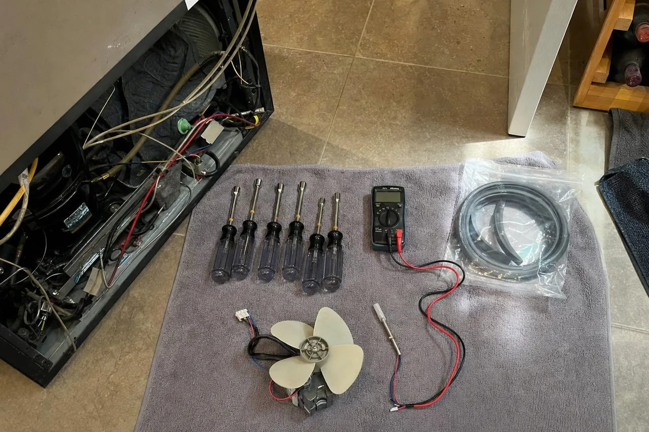 An overhead view of a folded grey towel on a kitchen floor holding six nut drivers in a row, a digital multimeter with red and black leads, a coiled replacement door gasket in a bag, a fan motor and a temperature probe, beside the opened base of a refrigerator.