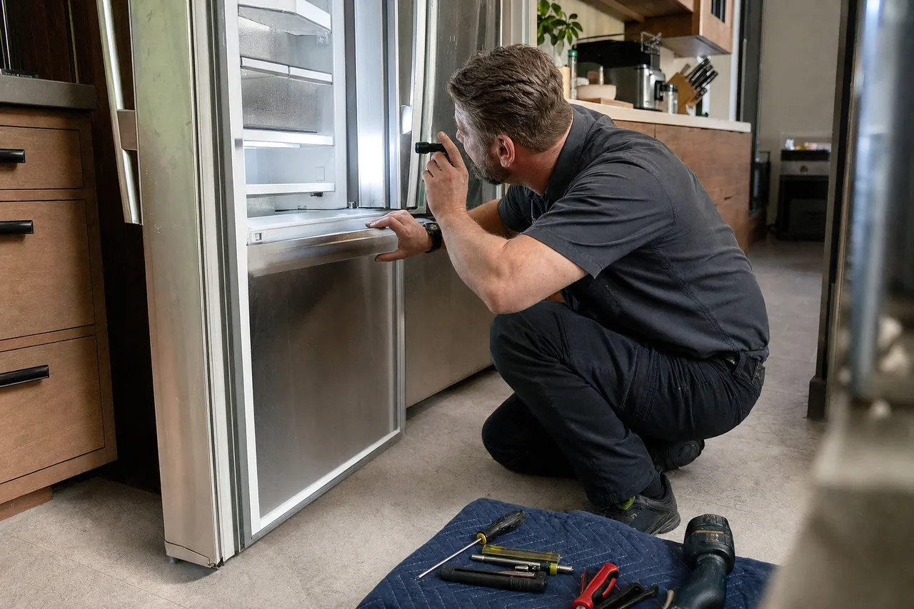 A technician crouched at a built-in refrigerator with the doors swung open, one hand on the door edge while he inspects the empty shelves of the fresh-food compartment.