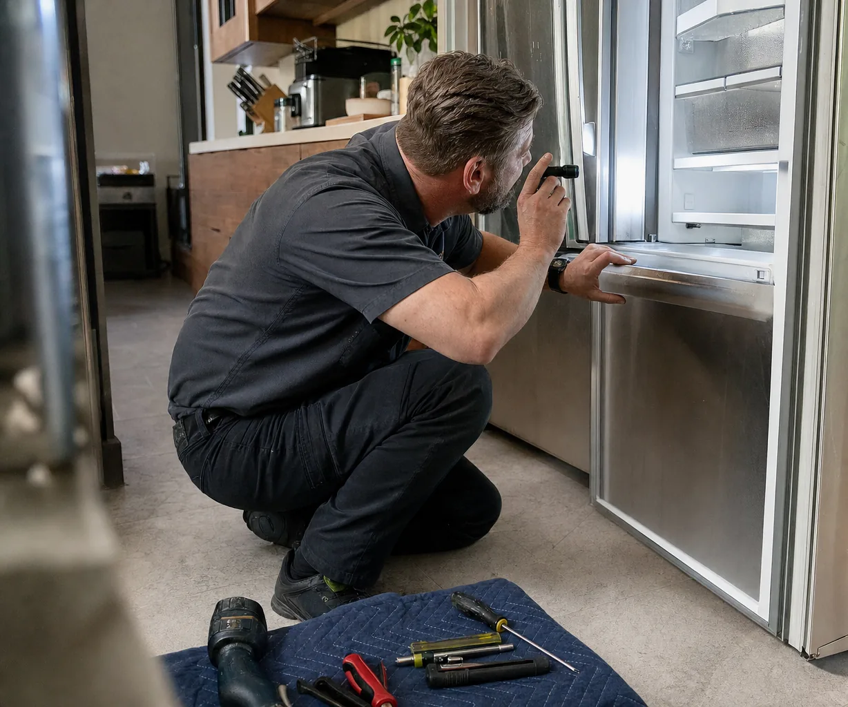 A technician in a dark work polo crouched low at an open built-in refrigerator, the rest of the kitchen — island, knife block, coffee machine — soft behind him.
