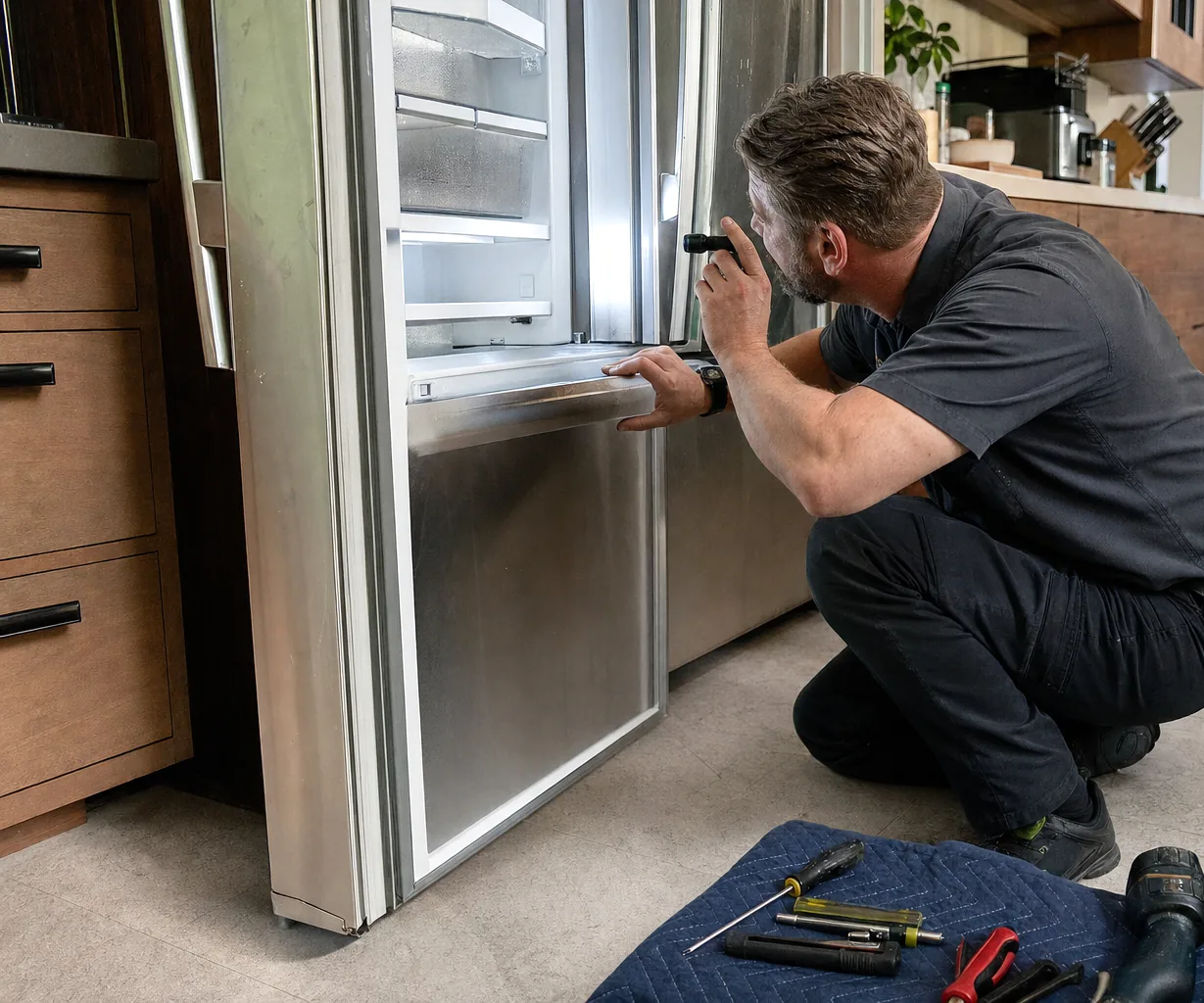 An open stainless built-in refrigerator set into a run of dark timber cabinetry, its interior lit and its shelves empty, in a large kitchen.